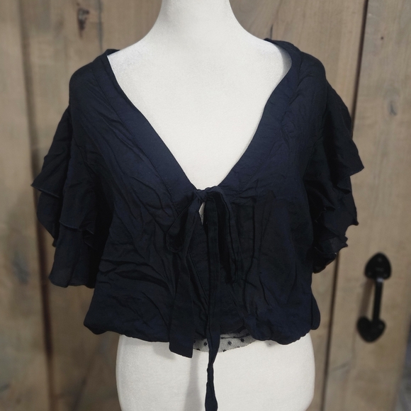 FREE PEOPLE Call Me Later Ruffle Tie Front Boho Rayon Blouse Top.Black. Size SM - Picture 4 of 16
